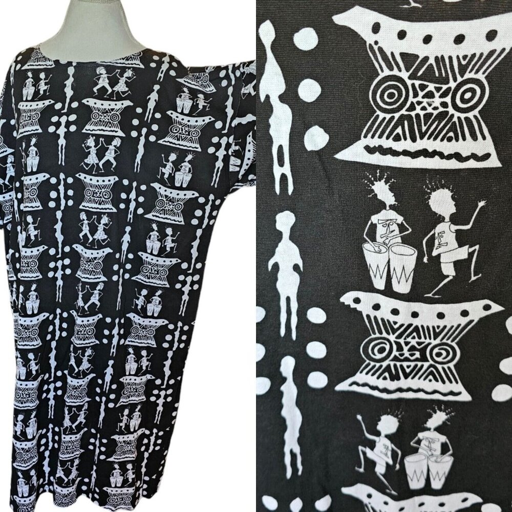 Vintage 90s Black Printed Kaftan Tshirt Dress African Drums Ethnic One Size